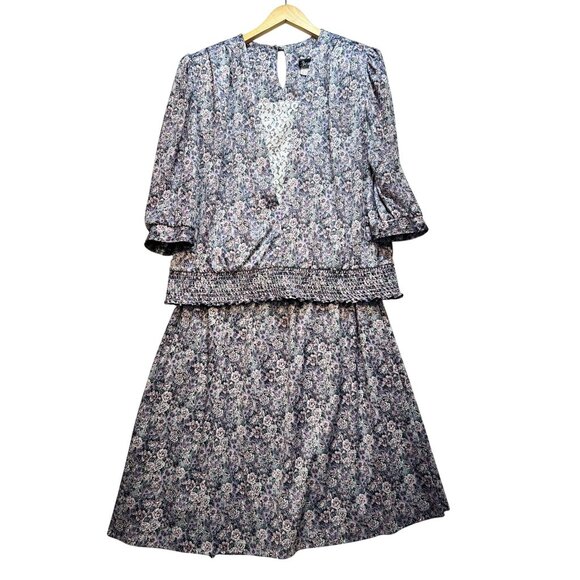 Vintage Jenny Womens Two Piece Blouse Skirt Set Size 20W Purple Floral 80s - Picture 1 of 16